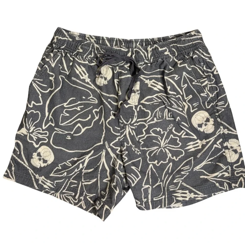 Sea Shepherd Men's Tropical Floral Skull Gray Shorts L Cotton Dolphin Whale - Picture 1 of 8